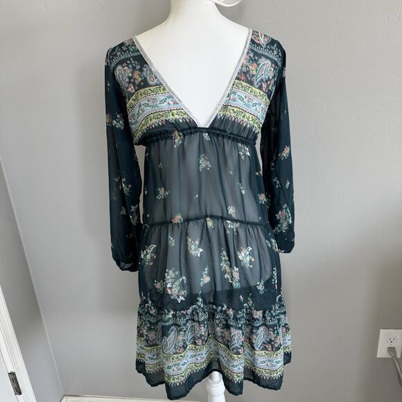 Boho Sheer Floral Tiered Mini Dress Deep V-Neck Long Sleeve XS/S Green Paisley - Picture 2 of 7